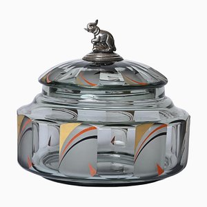 Italian Futurist Crystal Enameled Box with Silver Sculpture, 1933