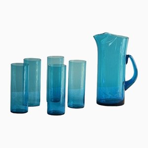 Jarra y vasos de vidrio azul de Whitefriars. Juego de 6
