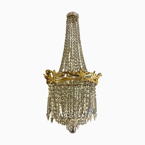 Large Antique French Chandelier in Gilt Bronze and Crystal, 1890