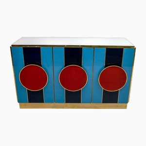 Postmodern Italian Sideboard in Colored Glass and Brass, 1980s