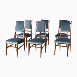 Italian Chairs with Velvet Seat & Wooden Structure with Slender Backrest attributed to Carlo De Carli, 1950s, Set of 6