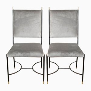 Regency Gray Velvet Chairs attributed to Luigi Caccia Domination in Iron Structure with Brass, 1960s, Set of 2