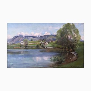 Fritz Édouard Huguenin-Lassanguette, Arbre en fleur au bord du lac, Olio su tela, Con cornice