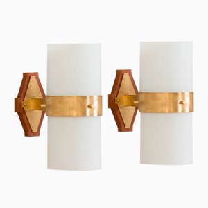 Mid-Century Italian Wall Lamps in Brass and White Opaline Glass in the style of Stilnovo, 1970s, Set of 2