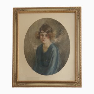 Charles Émile Moïse Hornung, Jeune femme coiffure Charleston et robe bleue, Pastel sobre papel, Enmarcado