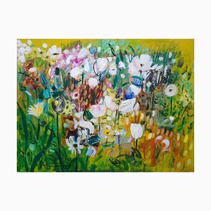 Uldis Krauze, Leuchtende Blumen im Garten, Öl auf Karton