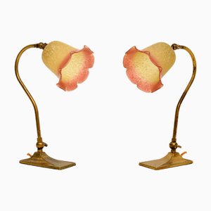 Antique Brass and Glass Table Lamps, 1920, Set of 2