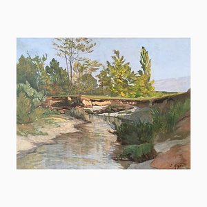 Joseph Mégard, Paysage au bord d'une rivière et vue sur le Salève, Olio su tela, Con cornice