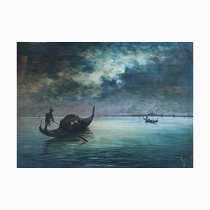 Carlo Vason, Gondoles sur la Lagune et vue sur Venise, Oil on Wood