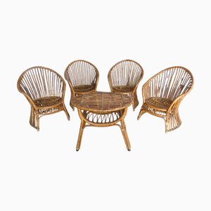 Wicker Armchairs & Coffee Table, 1950s, Set of 5
