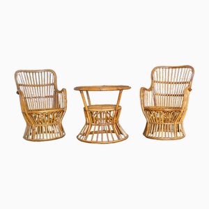 Wicker Armchairs & Coffee Table, 1950s, Set of 3
