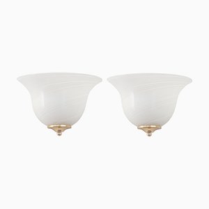 Lámparas de pared vintage de cristal de Murano blanco con filigrana, Italia, años 70. Juego de 2
