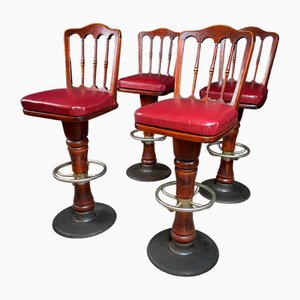 Vintage Holz Barhocker mit roten Skai Sitzen, 4 . Set