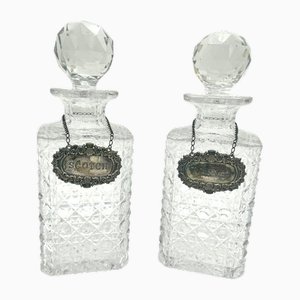2-Crystal Decanters with a Silver Emblem, England, 1980s, Set of 2