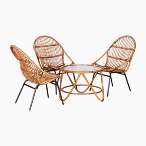 Art Deco Rattan Table & Chairs attributed to Alan Fuchs, Czechia, 1940s, Set of 4