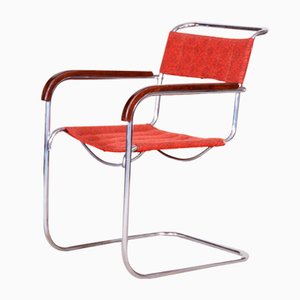 Bauhaus Red Armchair in Beech & Chrome attributed to Marcel Breuer for Mücke Melder, 1930s