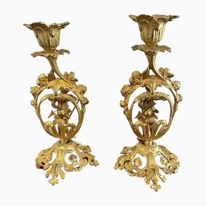 Candelabros franceses victorianos antiguos adornados dorados, 1860. Juego de 2