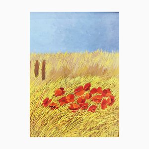 Poppies and Wheat, Oil on Copper, 20th Century, Framed