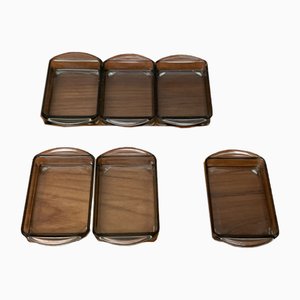 Mid-Century Danish Tray in Teak with Cabaret Glass Trays from Holmegaard, 1960s, Set of 9