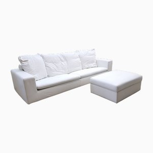 Canapé Poggiolungo en Cuir Blanc avec Tabouret de Flexform, Set de 2