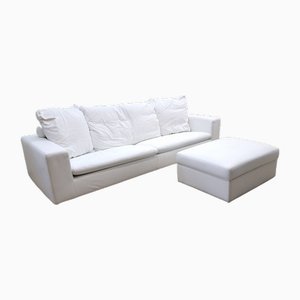 White Leather Poggiolungo Sofa with Stool from Flexform, Set of 2