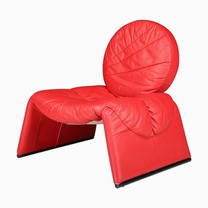 Red Leather Lounge Chair by Vittorio Introini for Saporiti Italia, Italy, 1980s