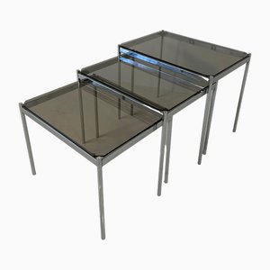 Mid-Century Italian 3-Chromed Metal & Glass Stackable Tray Tables, 1970s, Set of 2