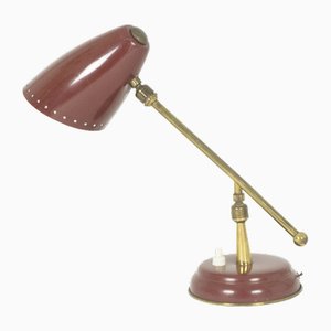 Lampada da tavolo Mid-Century regolabile in metallo e ottone bordeaux, anni '50