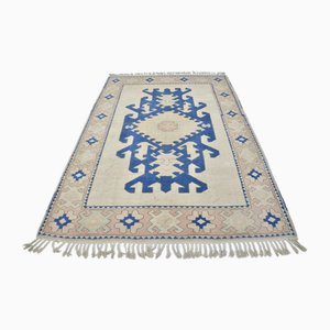 Bohemian Anatolian Decor Verblasster Beige & Blauer Teppich