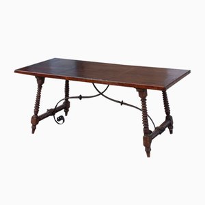 18th century Turned Walnut Coffee Table with Wrought Iron Lyre Brace, Spain