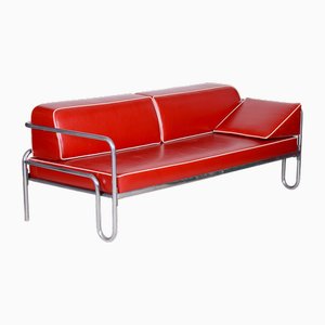 Red Bauhaus Sofa in Leather and Tubular Chrome, 1930s