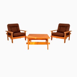 Armchairs and Coffee Table in Pine, 1970s, Set of 3