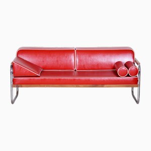 Bauhaus Red Leather & Chrome Sofa by Thonet, 1930s