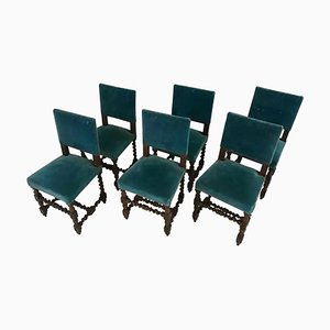 19th Century Louis XIII Blue Velvet Chairs, Set of 6