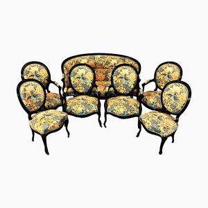 Louis XV Blackened Wood Sofa & Armchairs in Yellow & Blue, 1860s, Set of 7