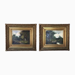 Edmund Pick-Morino, Animated Countryside Landscapes, 1920, Oil on Canvas Paintings, Set of 2