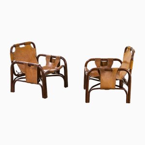 Safari Armchairs in Bamboo and Leather attributed to Tito Agnoli, 1960s, Set of 2