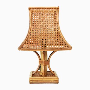 Vintage Italian Pagoda in Bamboo & Viennese Straw Table Lamp, Italy, 1960s