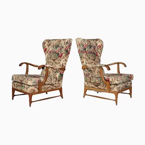 High-Back Armchairs with Floral Upholstery by Paolo Buffa, Italy, 1940s, Set of 2