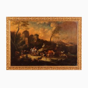 Italienischer Schulkünstler, Landschaft mit Figuren und Herden, 1700er, Öl auf Leinwand, Gerahmt