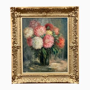 A. Brison, Still Life with Chrysanthemums, 1910, Large Oil on Canvas, Framed