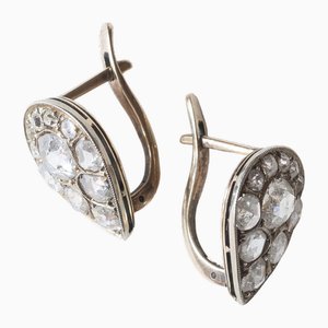 Liberty Earrings in 14k White Gold and Silver with Mine and Rose-Cut Diamonds, 1910s, Set of 2