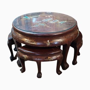 Chinese Tea Table and Stools in Mahogany, 1940s, Set of 4