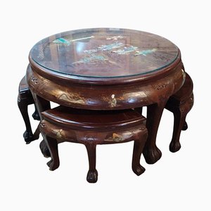 Table de Thé et Tabourets en Acajou, Chine, 1940s, Set de 4