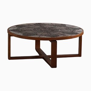 Ox Art Round Coffee Table in Teak & Ceramic Tiles by Trioh, Denmark, 1970s