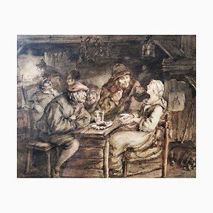 Flemish School Artist, Tavern Scene, Ink Wash, 19th Century
