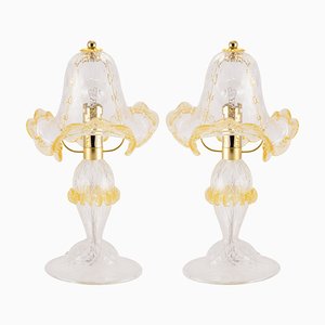 Murano Glass Table Lamps in Crystal Color with Artistic Decorations in Gold Leaf, Italy, 2000s, Set of 2