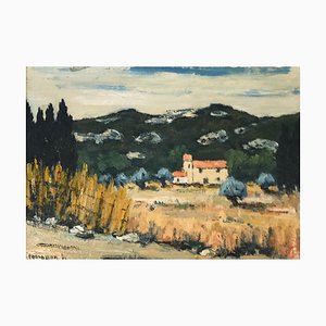 Michel Terrapon, Paesaggio di campagna, anni '80, Olio su cartone, con cornice