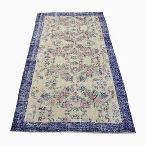 Hand Knotted Beige and Blue Wool Runner Rug