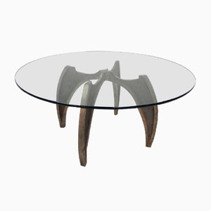 Table Basse Brutaliste en Bronze avec Plateau en Verre, 1960s